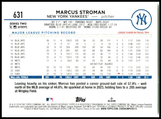 2024 Topps #631 Marcus Stroman New York Yankees