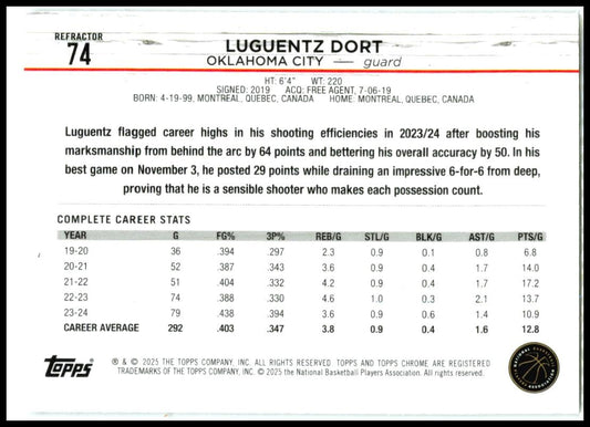2024-25 Topps Chrome Refractor #74 Luguentz Dort Oklahoma City Thunder