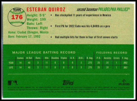 2023 Topps Chrome Platinum Anniversary Prism #176 Esteban Quiroz Rookie Phillies