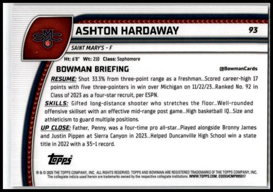 2024-25 Bowman University Chrome Black Wave Refractor #93 Ashton Hardaway Gaels
