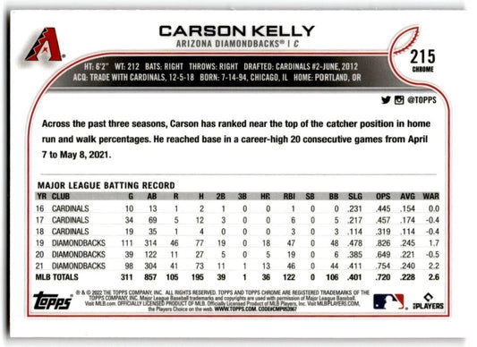 2022 Topps Chrome Pink Refractor Carson Kelly Arizona Diamondbacks #215