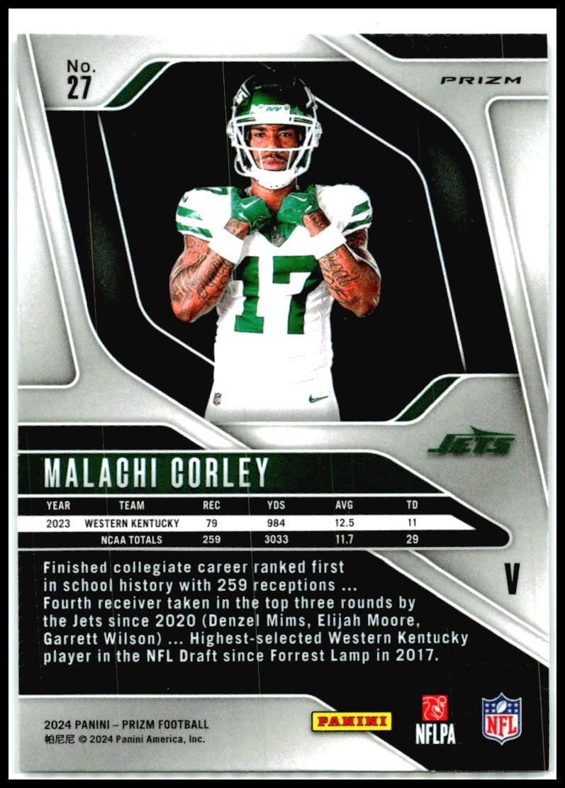 2024 Panini Prizm Rookie Variations Silver Prizm #27 Malachi Corley Jets