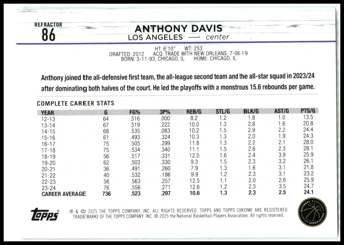 2024-25 Topps Chrome Refractor #86 Anthony Davis Los Angeles Lakers