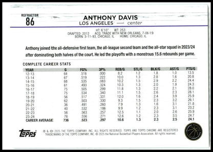 2024-25 Topps Chrome Refractor #86 Anthony Davis Los Angeles Lakers