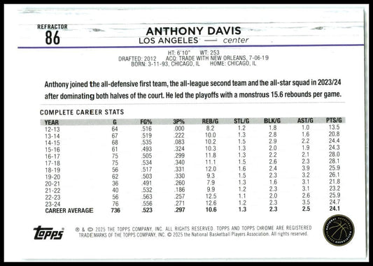 2024-25 Topps Chrome Refractor #86 Anthony Davis Los Angeles Lakers