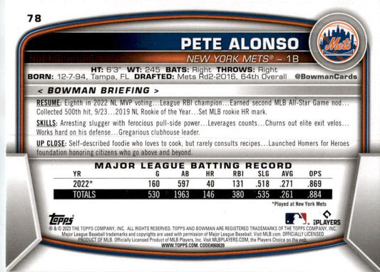 2023 Bowman Sky Blue #78 Pete Alonso 385/499 New York Mets