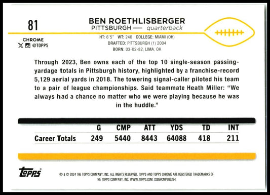 2024 Topps Chrome Gold Wave Refractor #81 Ben Roethlisberger /50 Steelers