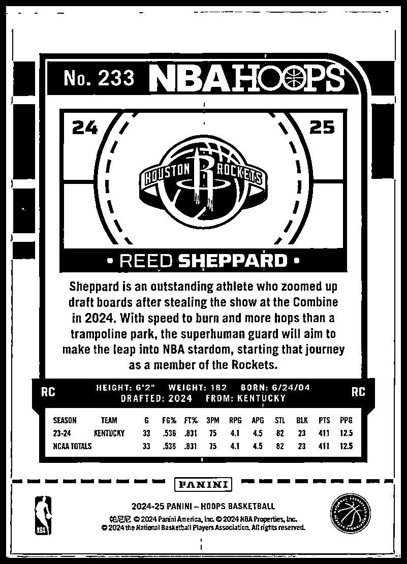 2024-25 Hoops #233 Reed Sheppard Rookie Houston Rockets