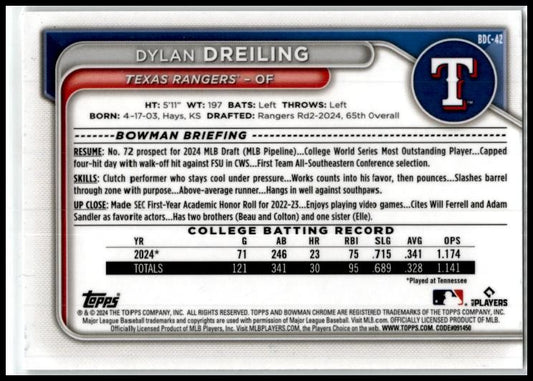 2024 Bowman Draft Chrome #BDC-42 Dylan Dreiling Texas Rangers