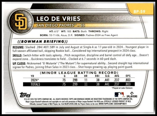 2025 Bowman #BP-59 Leo De Vries San Diego Padres