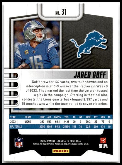 2023 Panini Absolute Green #31 Jared Goff Detroit Lions