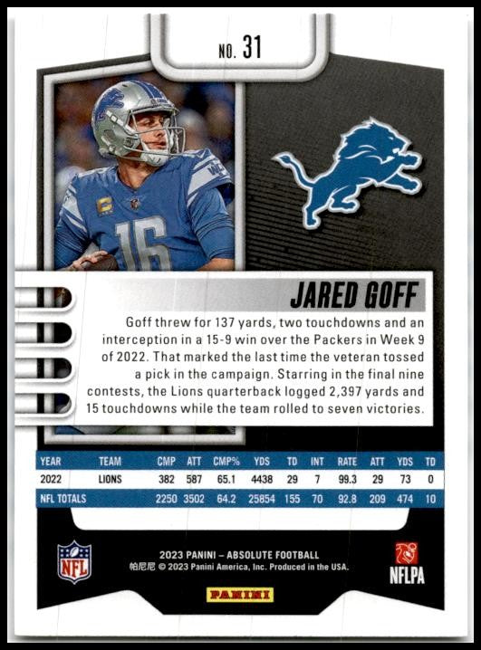 2023 Panini Absolute Green #31 Jared Goff Detroit Lions