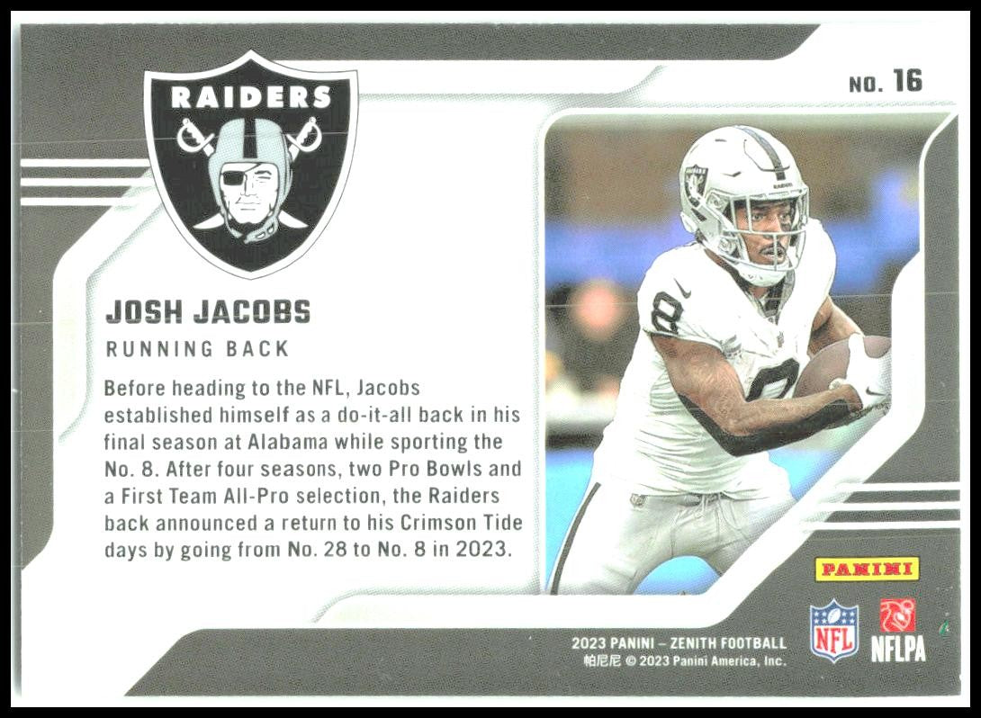 2023 Panini Zenith Behind the Numbers #16 Josh Jacobs Las Vegas Raiders