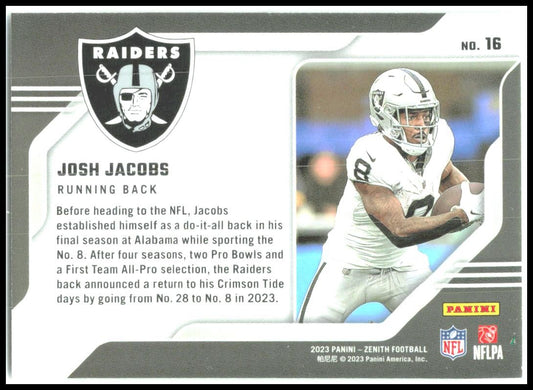 2023 Panini Zenith Behind the Numbers #16 Josh Jacobs Las Vegas Raiders