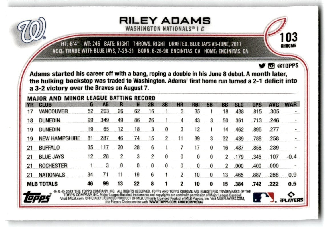 2022 Topps Chrome X-Factor Riley Adams Rookie Washington Nationals #103