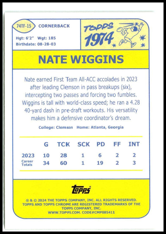 2024 Topps Chrome 1974 Topps Football #74TF-15 Nate Wiggins Baltimore Ravens