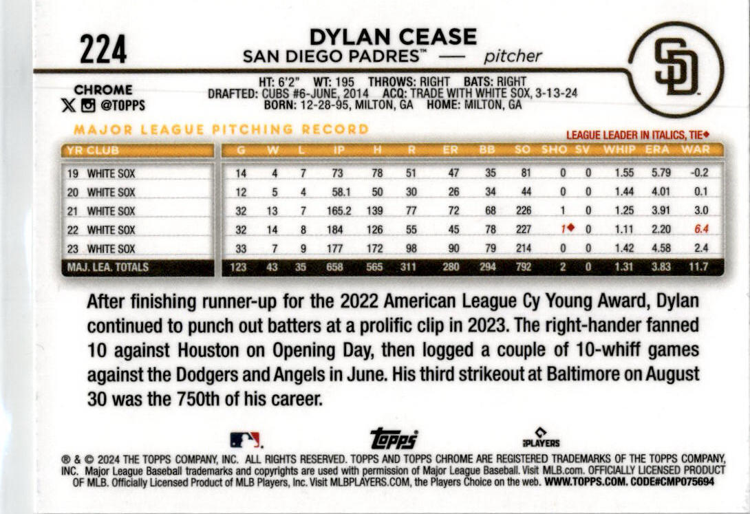 2024 Topps Chrome X-Fractors #224 Dylan Cease San Diego Padres