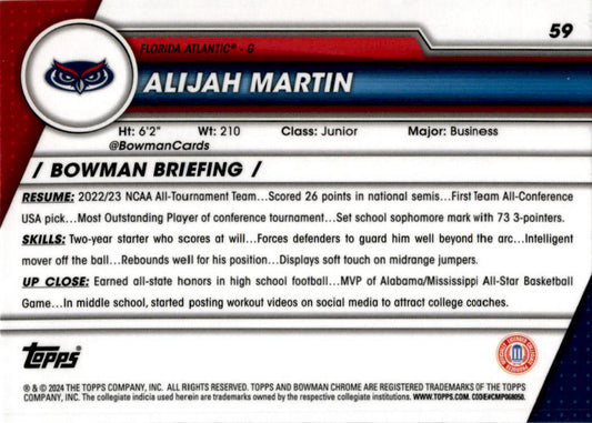 2023-24 Bowman University Chrome #59 Alijah Martin Florida Atlantic Owls