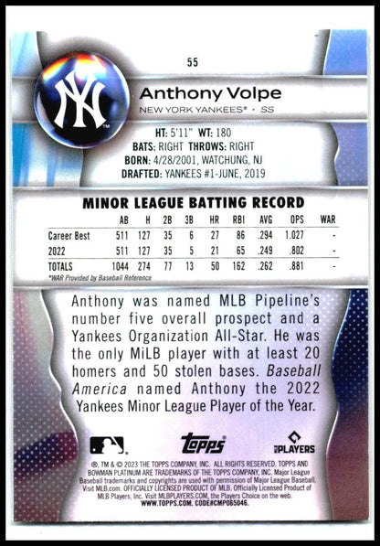 2023 Bowman Platinum #55 Anthony Volpe Rookie New York Yankees