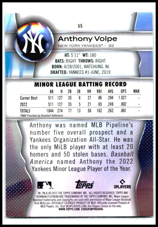 2023 Bowman Platinum #55 Anthony Volpe Rookie New York Yankees