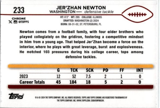 2024 Topps Chrome Checkerboard #233 Jer'Zhan Newton Washington
