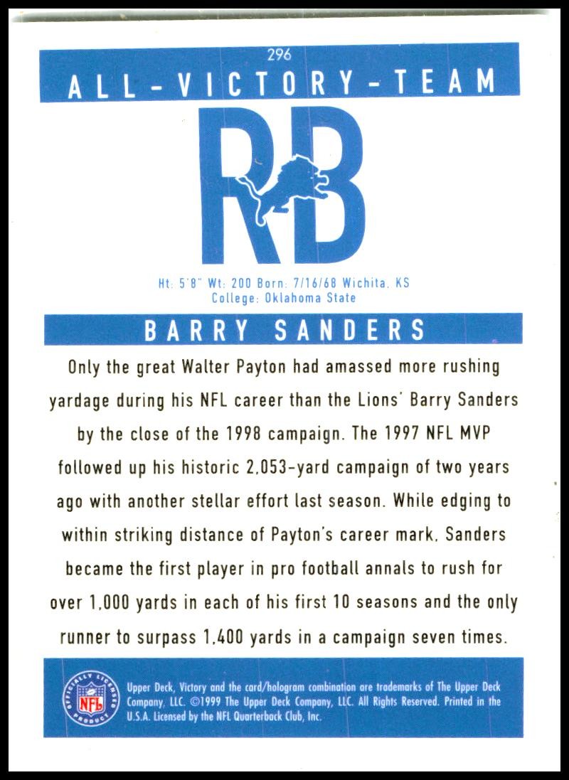 1999 Upper Deck Victory #296 Barry Sanders Detroit Lions