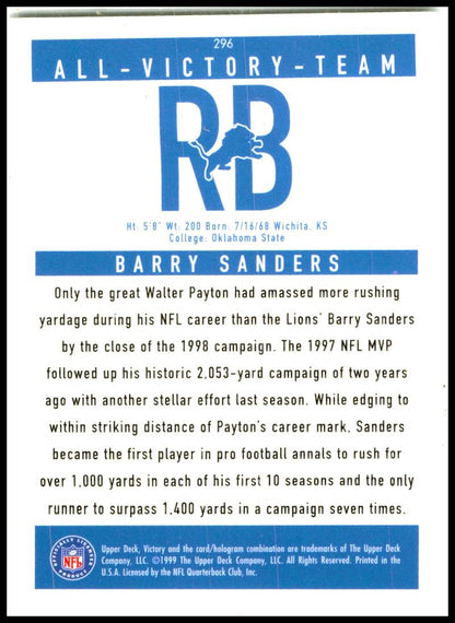 1999 Upper Deck Victory #296 Barry Sanders Detroit Lions
