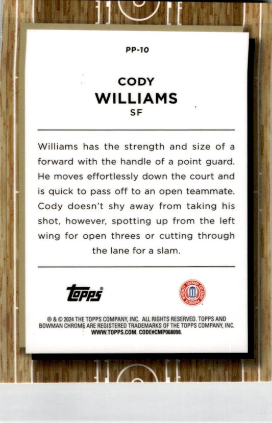 2023-24 Bowman University Chrome #PP-10 Cody Williams Colorado Buffaloes