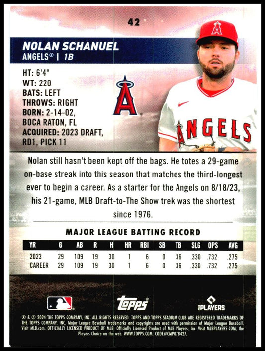 2024 Stadium Club #42 Nolan Schanuel Rookie Los Angeles Angels