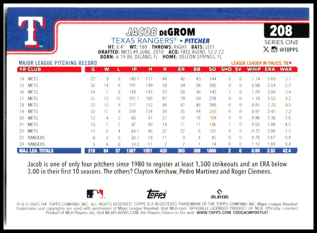 2025 Topps #208 Jacob deGrom Texas Rangers
