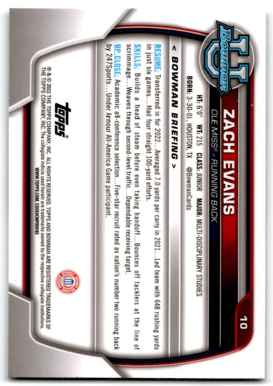 2022 bowman chrome university Zach Evans Ole Ole Miss Rebels #10