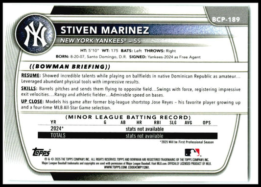 2025 Bowman Chrome #BCP-189 Stiven Marinez Rookie New York Yankees