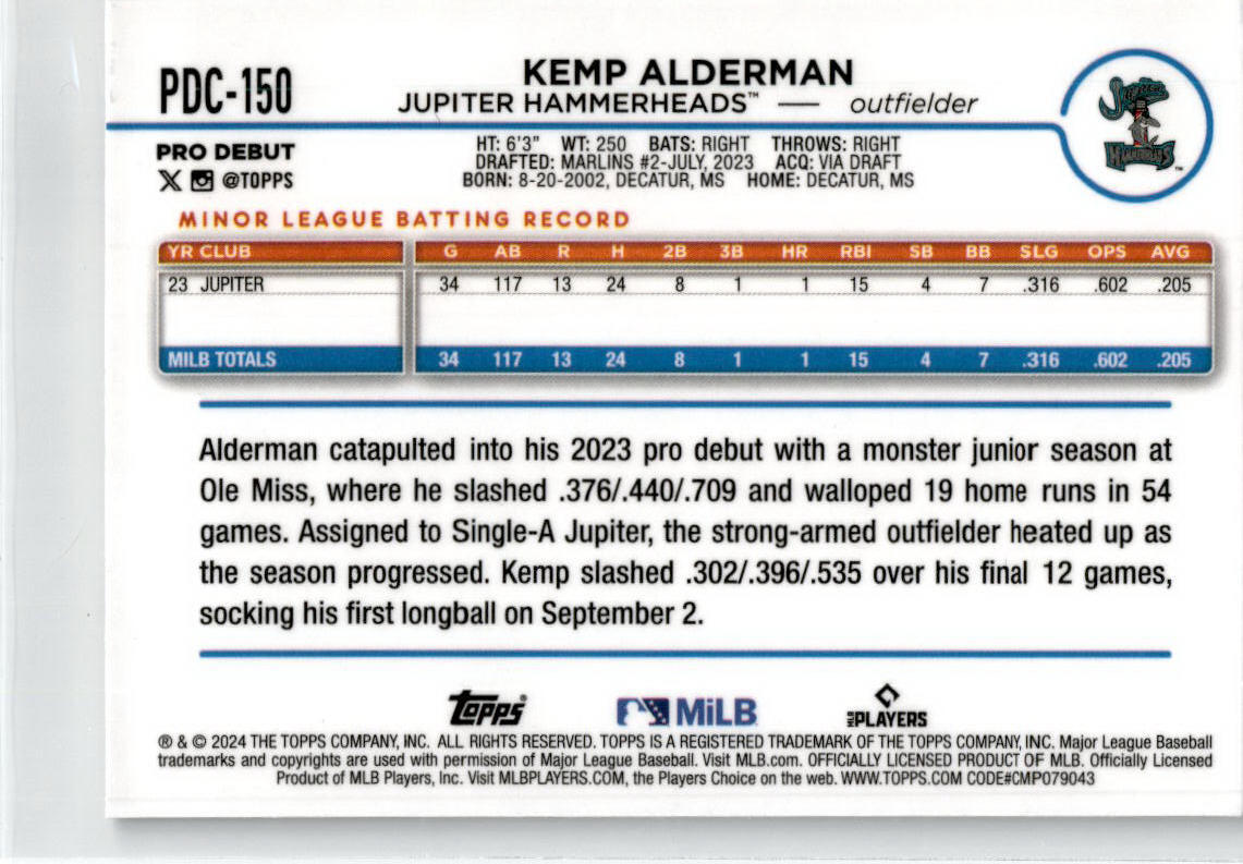 2024 Topps Chrome Pro Debut #266 Kemp Alderman Rookie Marlins