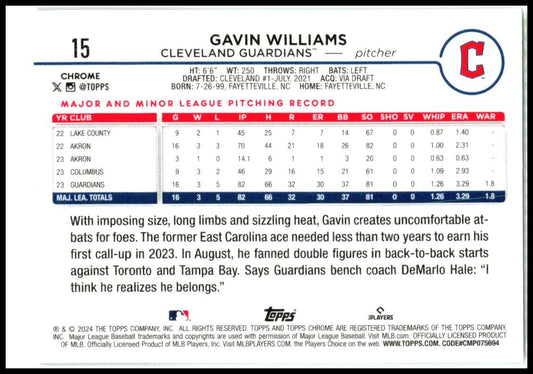 2024 Topps Chrome #15 Gavin Williams Rookie Cleveland Guardians