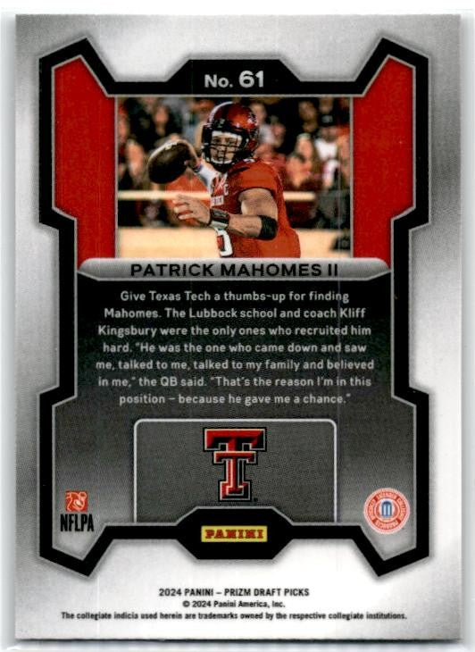 2024 Panini Prizm Draft Picks #61 Patrick Mahomes II Texas Tech Red Raiders