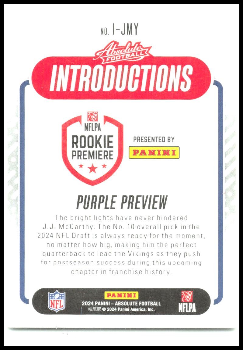 2024 Panini Absolute Introductions #I-JMY J.J. McCarthy Minnesota Vikings