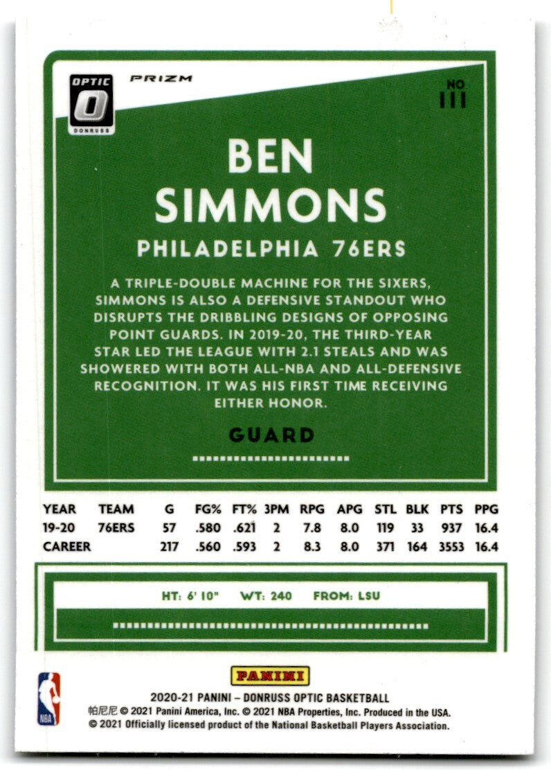 2020-21 Donruss Optic Holo Prizm Ben Simmons Philadelphia 76ers #111