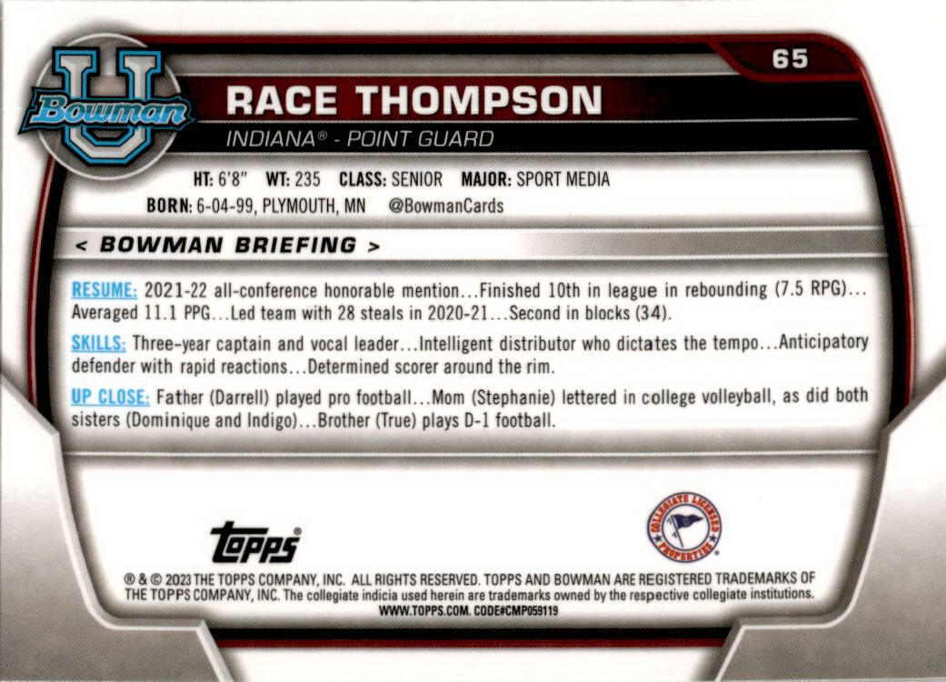 2022-23 Bowman University Chrome #65 Race Thompson Indiana Hoosiers