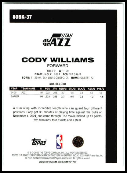 2025-26 Topps 1980-81 Topps Basketball #80BK-37 Cody Williams Utah Jazz