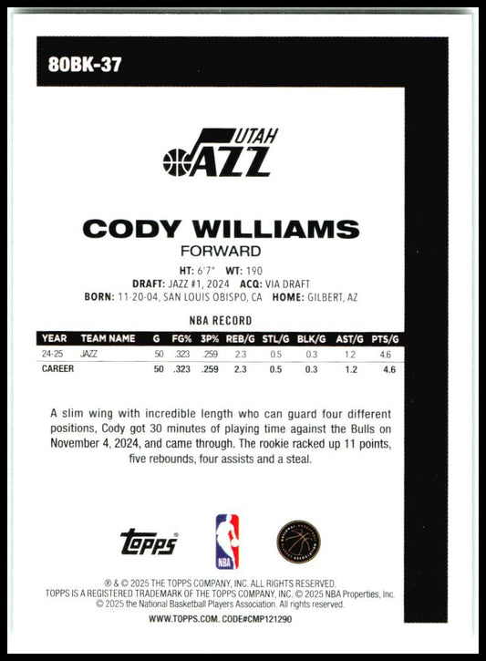 2025-26 Topps 1980-81 Topps Basketball #80BK-37 Cody Williams Utah Jazz