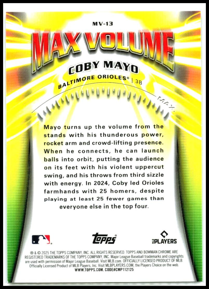 2025 Bowman Chrome Max Volume #MV-13 Coby Mayo Orioles