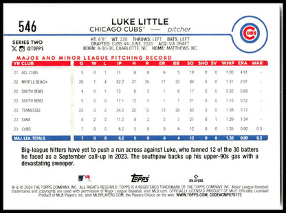 2024 Topps #546 Luke Little Rookie Chicago Cubs