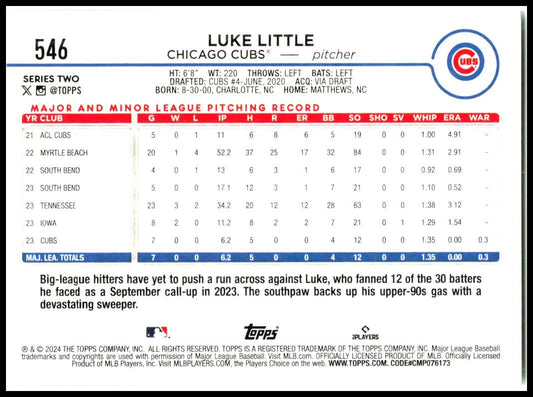 2024 Topps #546 Luke Little Rookie Chicago Cubs