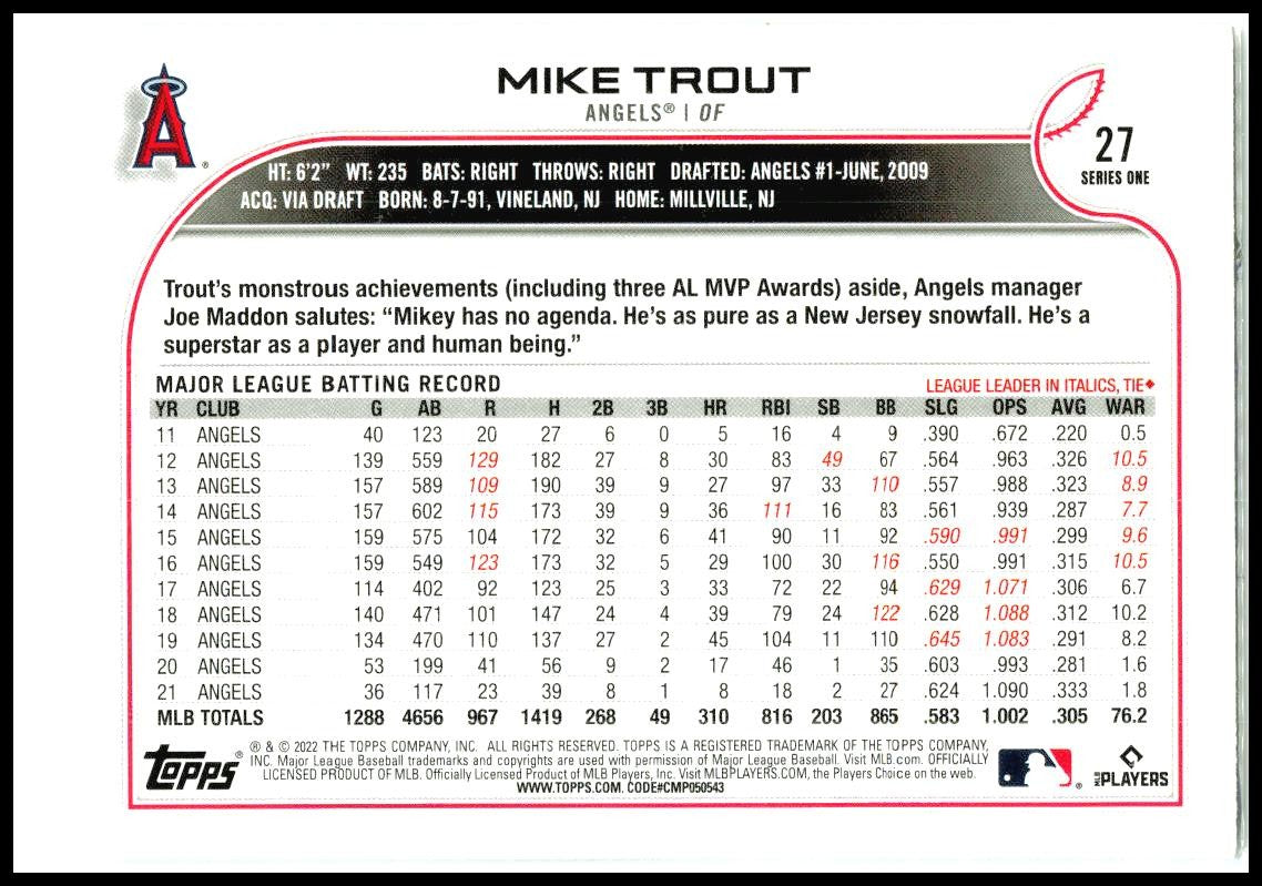 2022 Topps #27 Mike Trout Los Angeles Angels