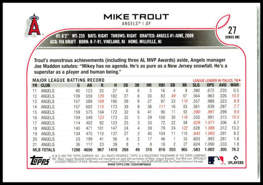 2022 Topps #27 Mike Trout Los Angeles Angels