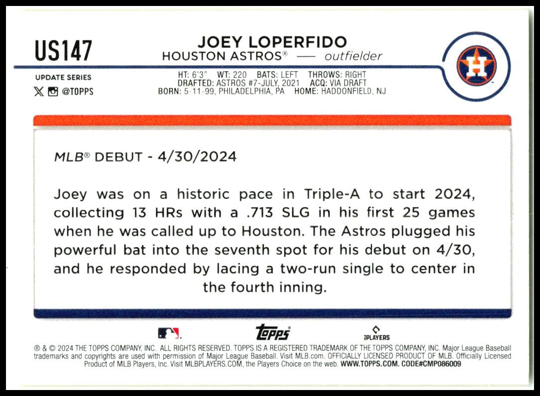 2024 Topps Update Yellow #US147 Joey Loperfido Houston Astros