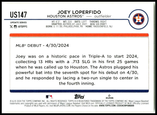 2024 Topps Update Yellow #US147 Joey Loperfido Houston Astros
