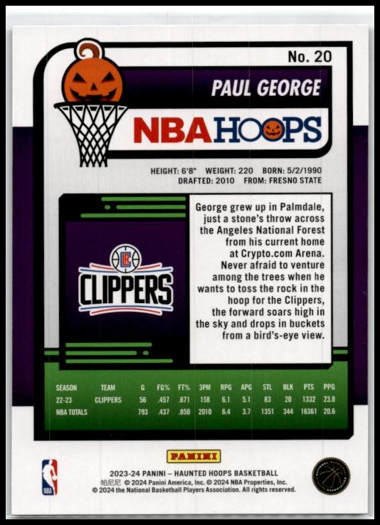 2023-24 Hoops Haunted Hoops Holo Webs #20 Paul George Los Angeles Clippers