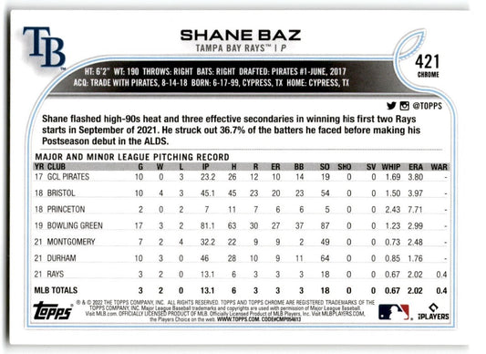 2022 Topps Shane Baz Tampa Bay Rays #421