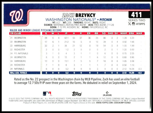 2025 Topps #411 Zach Brzykcy Rookie Washington Nationals